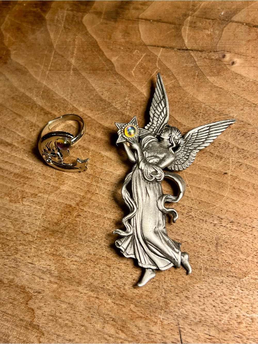 Vintage JJ Pewter Angel Brooch & Celestial Moon Ring (2-Piece Set)